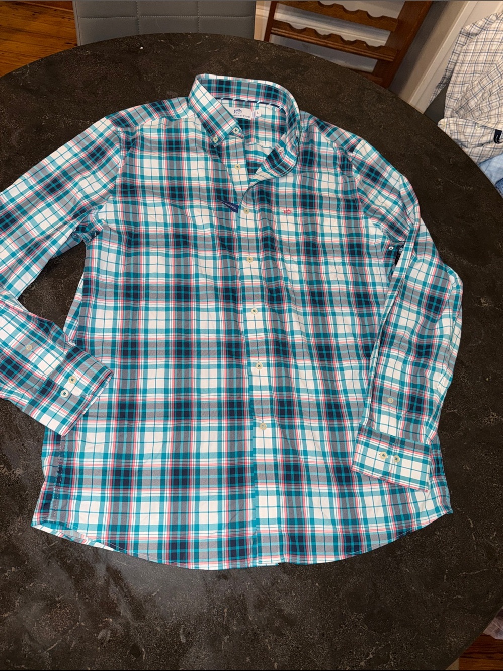 Southern Tide Plaid Button-Down Shirt in Teal, Navy & White